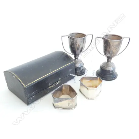 OLD STG SILVER; PR CASED NAPKIN RINGS & SM TROPHIES TOTAL STG 142GMS