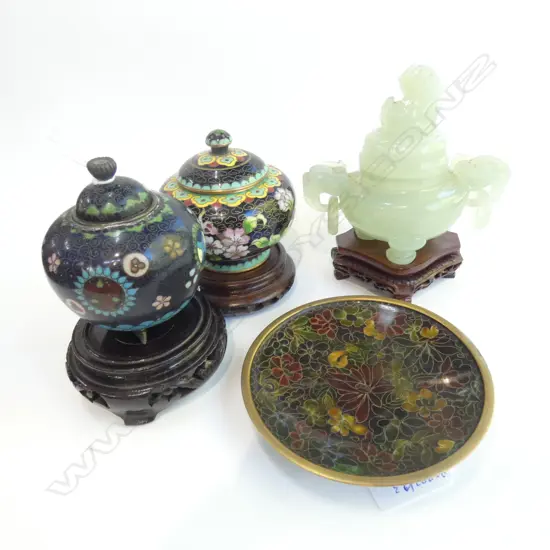 2 LIDDED CLOISONNE GINGER JARS+ DISH AND FAUX JADE CENSOR 
