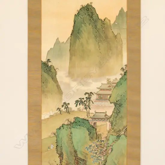 SCROLL PAINTING FIGURES AND TEMPLES IN A MOUNTAINOUS LANDSCAPE ...