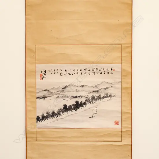 INK PAINTING OF LANDSCAPE, WITH CALLIGRAPHIC INSCRIPTION AND RED SEAL STAMPS...