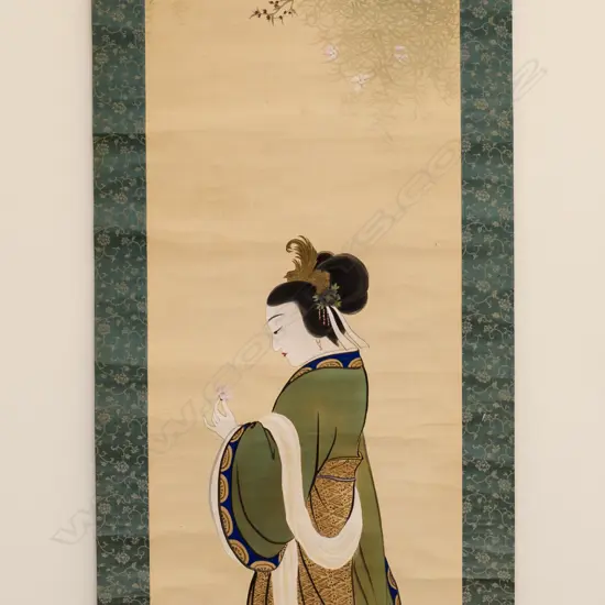 SCROLL DEPICTING A WOMAN ADMIRING A SINGLE CHERRY BLOSSOM ...