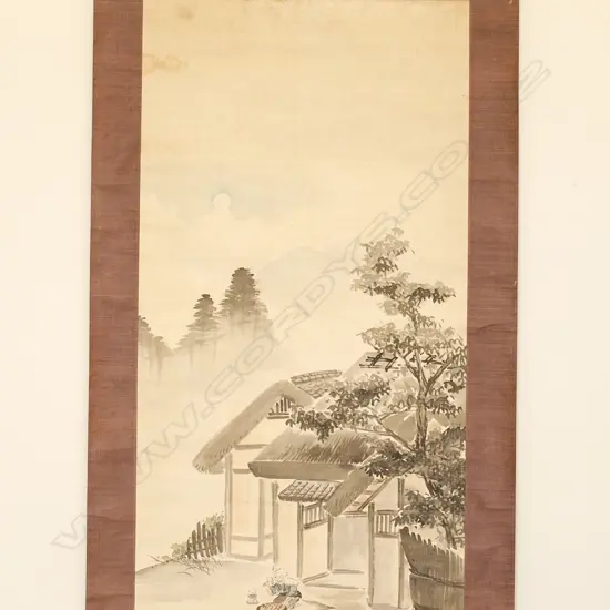 SCROLL PAINTING OF A FIGURE SEATED BEFORE A TEA HOUSE...