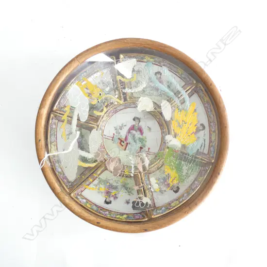 QIANLONG STYLE 7 SECTION WOOD FRAMED FRUIT TRAY w WOOD & GLASS LID DIA 290MM FOOTED ROTATING BASE