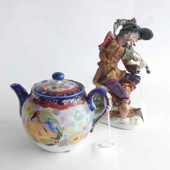 EARLY 1900'S ORIENTAL TEAPOT  (LID HAS REPAIR) (L 155MM) & CAPODIMONTE VIOLIN PLAYER (MISSING BOW) (H. 190MM)