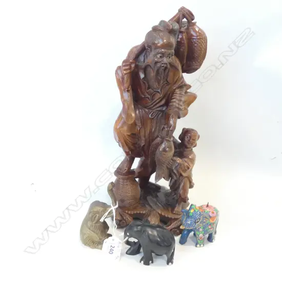 WOODEN CARVED ORIENTAL FISHERMAN & BOY H 320MM A/F + 3 ELEPHANTS; WOOD /BRASS & ENAMEL L 90MM