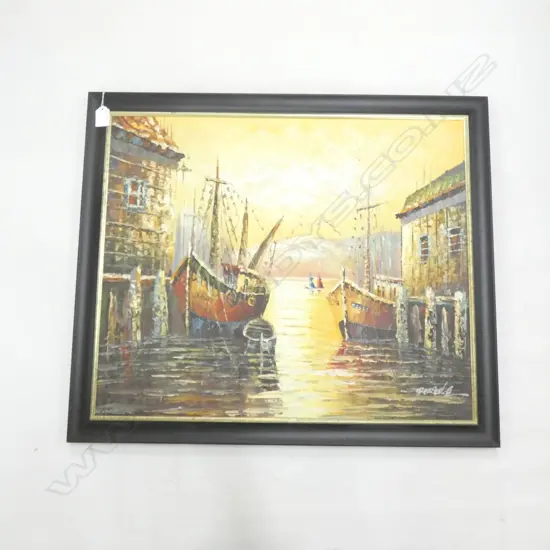 YELLOW HARBOUR SCENE OIL, SIGNED 500x595mm