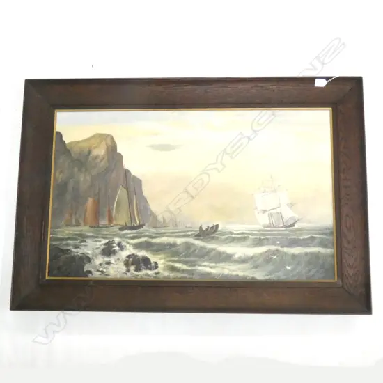 LATE 19thC OIL ON CANVAS, FISHING FLEET DEPARTING & A DORY PULLING OFF TO A SCHOOONER (POSSIBLY NEWFOUNDLAND) 540x890mm