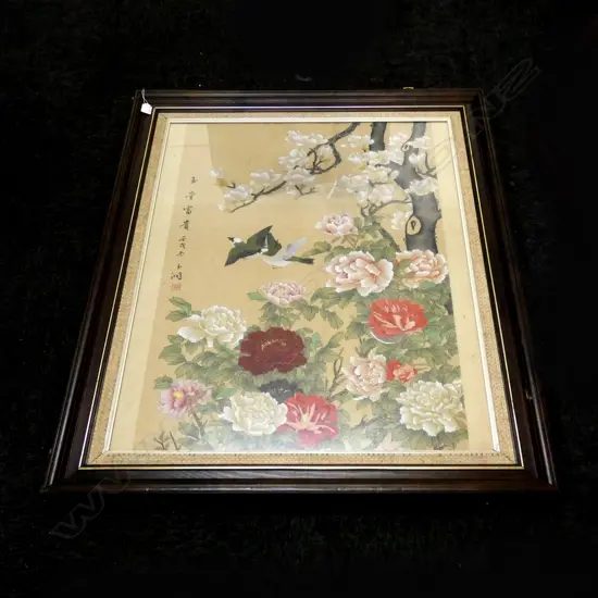 ORIENTAL FLORAL W/C ON FABRIC 910x670mm