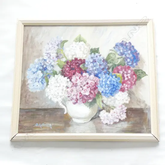 A. AVERY FLORAL STILL LIFE WITH HYDRANGEAS OIL ON BOARD SIGNED 510 X 590 MM