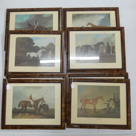 8 19thC HORSE RACING PRINTS IN FAUX BIRDS EYE FRAMES 225x305mm