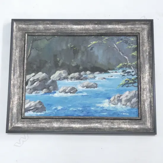 E. J. THOMAS 'HOLLYFORD RIVER' OIL 1985 290x390mm