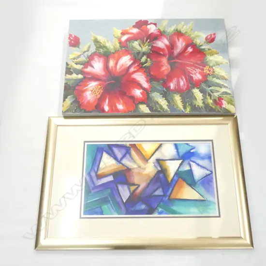 2 BETH HANSEN ARTWORKS; RED HIBISCUS & ABSTRACT W/C 530x295mm