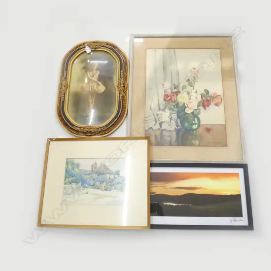 4 ARTWORKS; JEAN MCKAY ROSES STILL LIFE W/C 560x410mm, SUNSET PRINT, BALLERINA, W/C