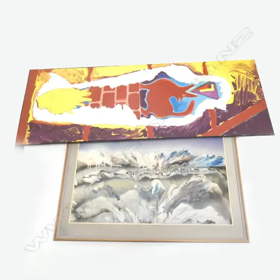 'MYSTICAL MOUNTAINS' MIXED MEDIA BY JJ ROCHE 635 X 900MM & ABSTRACT OIL ON CANVAS - ARTIST UNKNOWN 1600 X 580MM