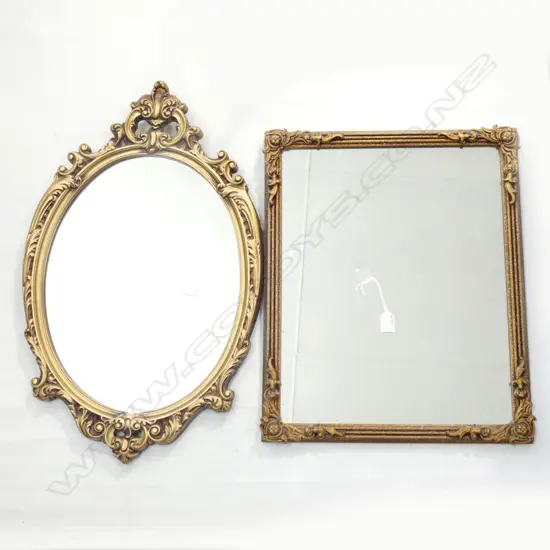 2 GOLD FRAMED MIRRORS; OVAL 700x440mm & RECTANGULAR 565x460mm