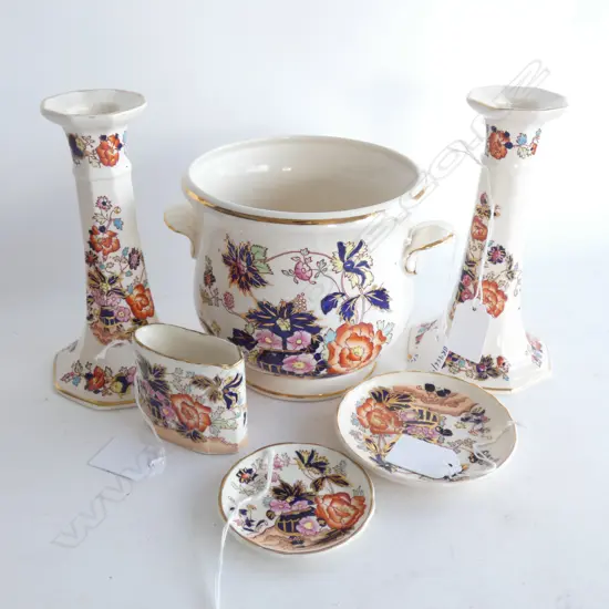MASON IRONSTONE PR CANDLSTICKS JARDINEER & 3 SMALL PCS MANDIRIN PAT