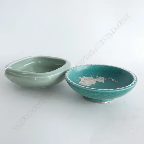 2 GREEN SCANDINAVIAN BOWLS; GUSTAVBERG ARGENTA w. SILVER FISH & R/COPENHAGEN SQUARE BOWL 155mm dia