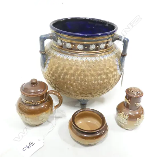 DOULTON LAMBETH VASE + 3 SALT GLAZED CONDIMETS A/F