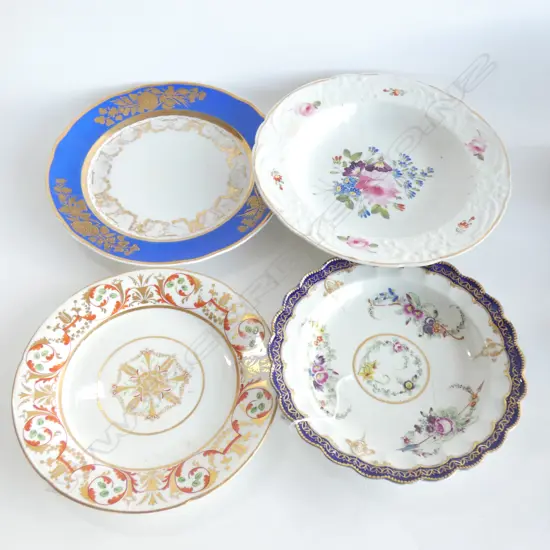 4 ANTIQUE PLATES; DAVENPORT / COALPORT FELSPAR / DERBY & CAUGHLEY - C 1700 & 1800'S SOME A/F