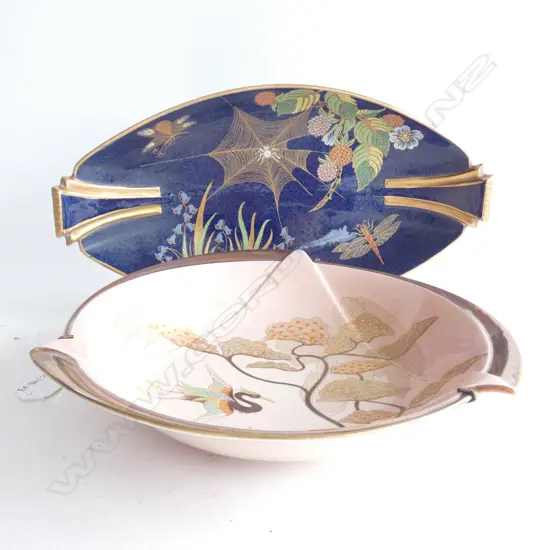 2 PCES CARLTON WARE; PEACH & GILT w. HERON & TREE / BLUE DISH (SMALL CHIP) L320mm