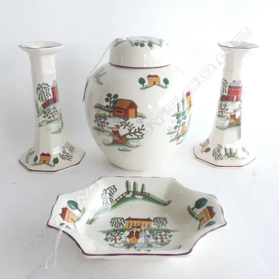 MASON IRONSTONE LIDDED GINGER JAR PR CANDLESTICKS & DISH COUNTRY LANE PAT
