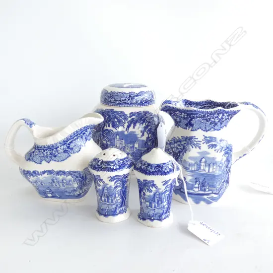 MASON IRONSTONE LIDDED GINGER JAR 2 JUGS & SALT PEPPER BLUE VISTA PAT