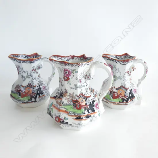 MASON IRONSTONE 3 ANTIQUE OCTAGANAL JUGS ORIENTAL PAT