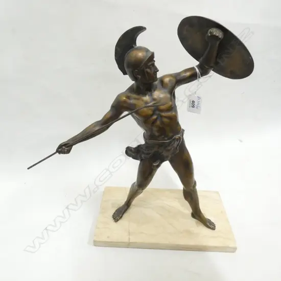 BRONZED ROMAN WARRIOR FIGURE ON MARBLE BASE A/F H390 MM