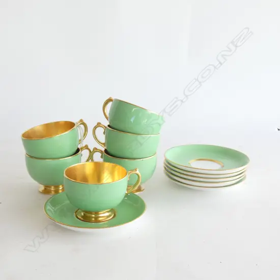 GROVENOR CHINA 6 PLACE DEMITASSE SET GREEN & GILT