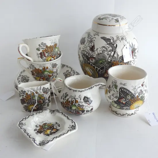 MASON IRONSTONE LIDDED GINGER JAR 2 C/S & 4PCS FRUIT BASKET PAT