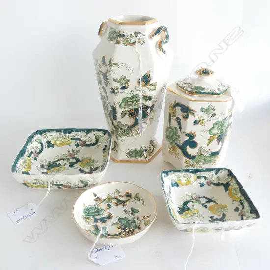MASON IRONSTONE LIDDED JAR VASE & 3 DISHES CHARTRUSE PAT