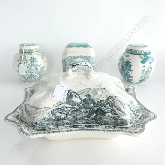 MASON IRONSTONE LIDDED TURREEN & 3 LIDDED JARS GREEN
