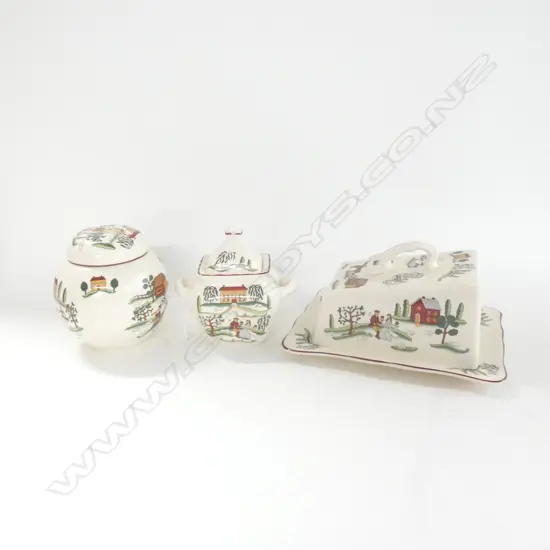 MASON IRONSTONE CHEESE WEDGE GINGER JAR & LIDDED JAR COUNTRY LANE PAT