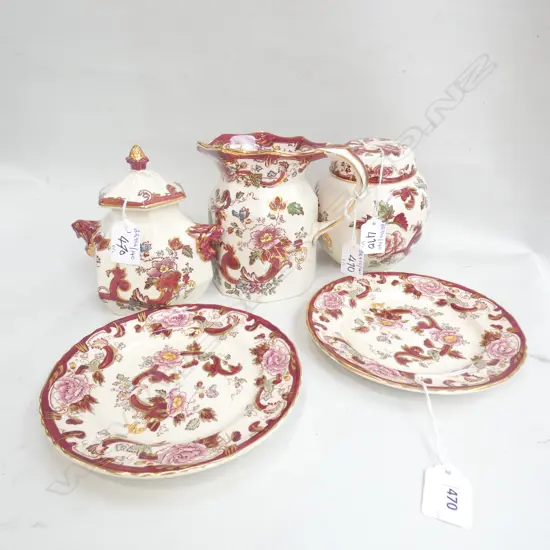 MASON IRONSTONE LIDDED GINGER JAR LIDDED JAR JUG & 2 PLATES RED MANDALAY PAT