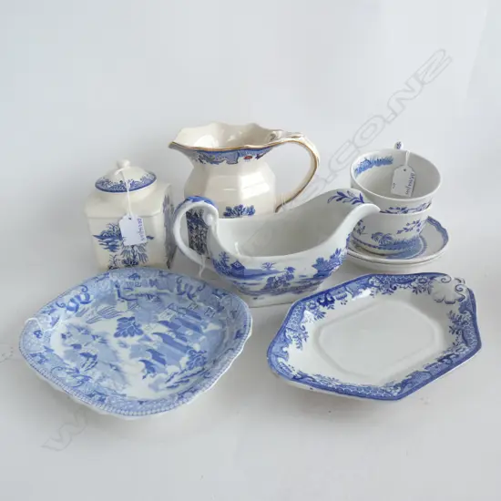 MASON IRONSTONE B/W JUG SAUCE BOAT LIDDED JAR 2C/S & DISH