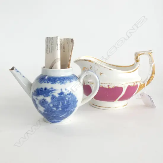 DERBY CREAM JUG  H. 95MM C1820 & 18TH CENT. MINIATURE TEAPOT H80MM  - NO LID & SPOUT A/F