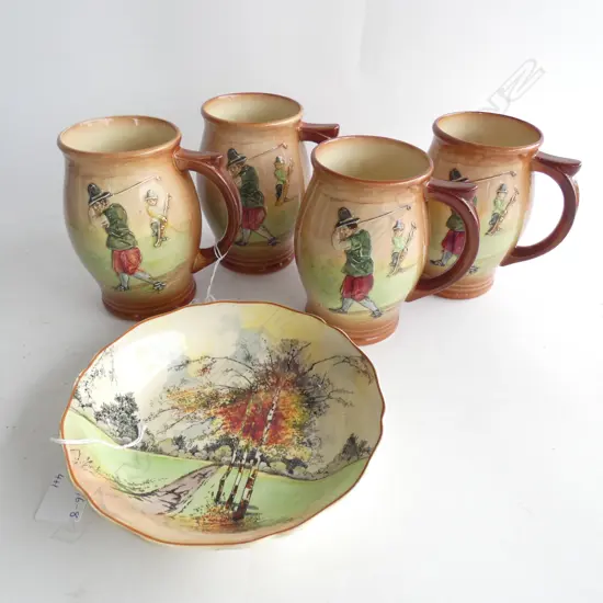 SET 4 ROYAL DOULTON GOLFING DAYS LG MUGS H. 145MM (2A/F) & AUTUMN DAYS BOWL DIA 135MM