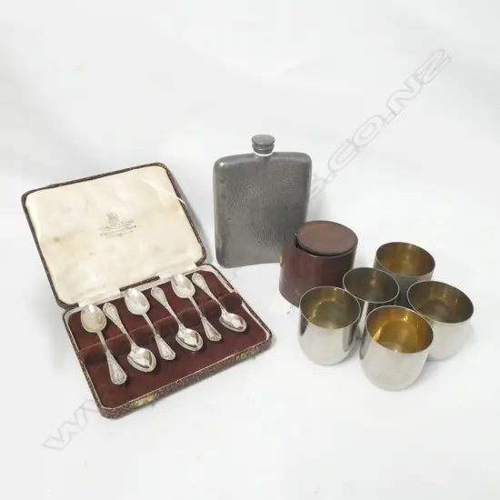 OLD PEWTER HIP FLASK /5 CASED TRAVELLING CUPS / CASED COFFEE SPOONS