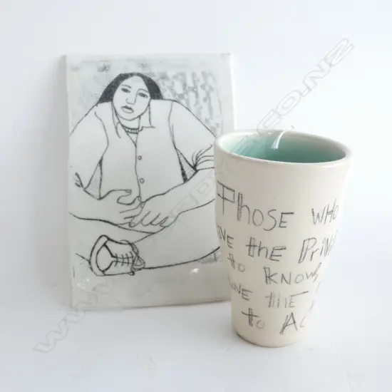 2 PCES CONTEMPORARY ART POTTERY; PLAQUE & CUP...