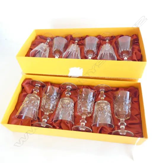 TWO BOXES CUT GLASS WINE GLASSES  / 2 SIZES