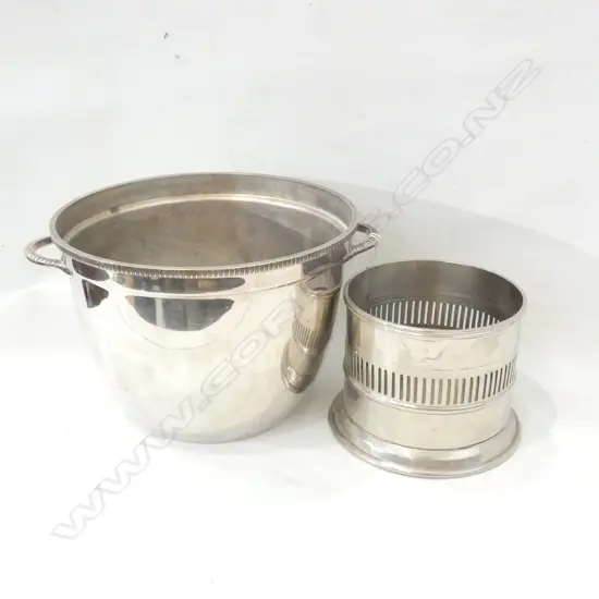 WALKER & HALL SILVER PLATE ICE BUCKET (DIA 200MM)& WINE BOTTLE COASTER 