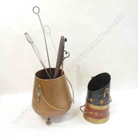 COPPER BUCKET (H 280MM) w ASST FIRE TOOLS + PAINTED COPPER FIRE BUCKET H. 260MM