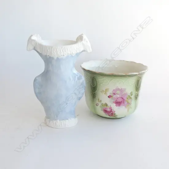 OLD ART NOUVEAU JARDINIERE 170 X 205MM + OLD SHEEPS HEAD VASE H. 255MM