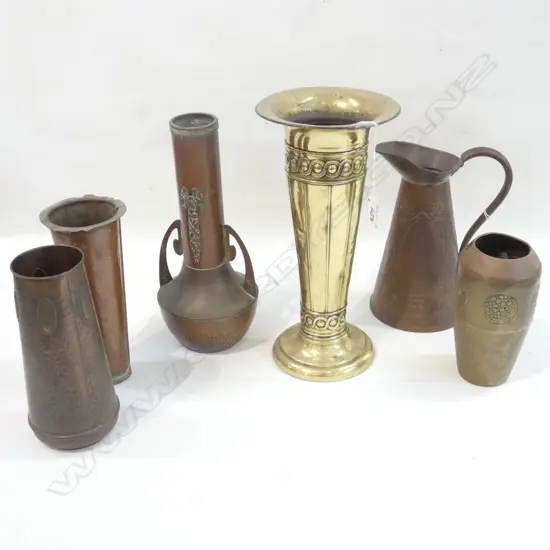 SIX ARTS & CRAFTS BRASS & COPPER & ART NOUVEAU JUG & VASE