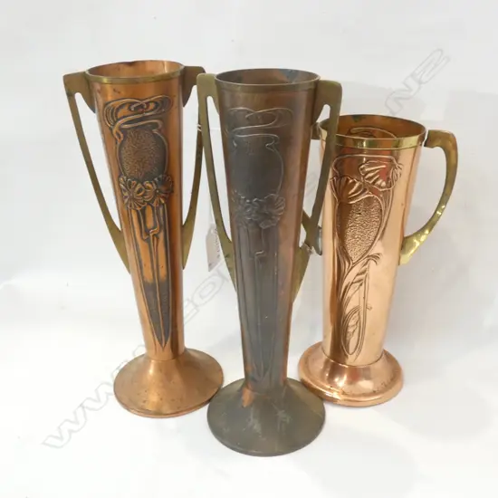 3 ART NOUVEAU COPPER VASES H.265mm