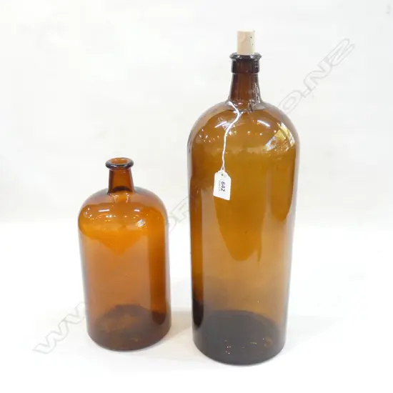 2 LG AMBER GLASS BOTTLES H. 430 & 280MM