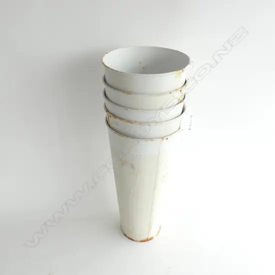 5 VINTAGE TALL WHITE ENAMEL VASES H.280mm