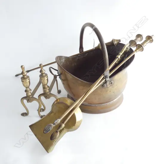 COPPER COAL SCUTTLE /PR BRASS FIRE DOGS & 3 BRASS FIRE TOOLS 