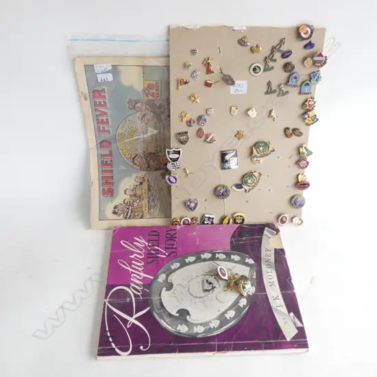 BOX LOT 2 VINTAGE RANFURLY SHEILD MAGAZINES + ASST. RUGBY PINS