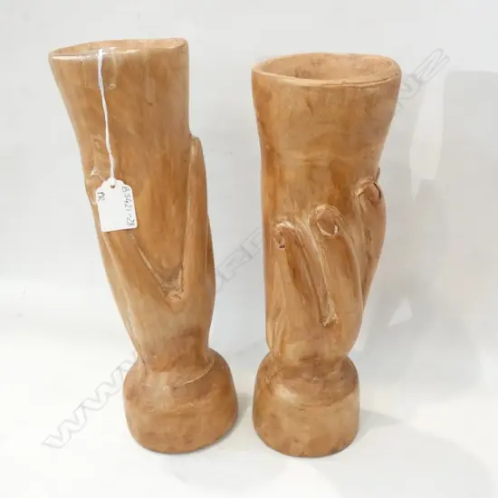 PR PITCAIRN ISLAND SCULPTURED WOODEN HAND VASES - REYNOLD WARREN H. 310MM
